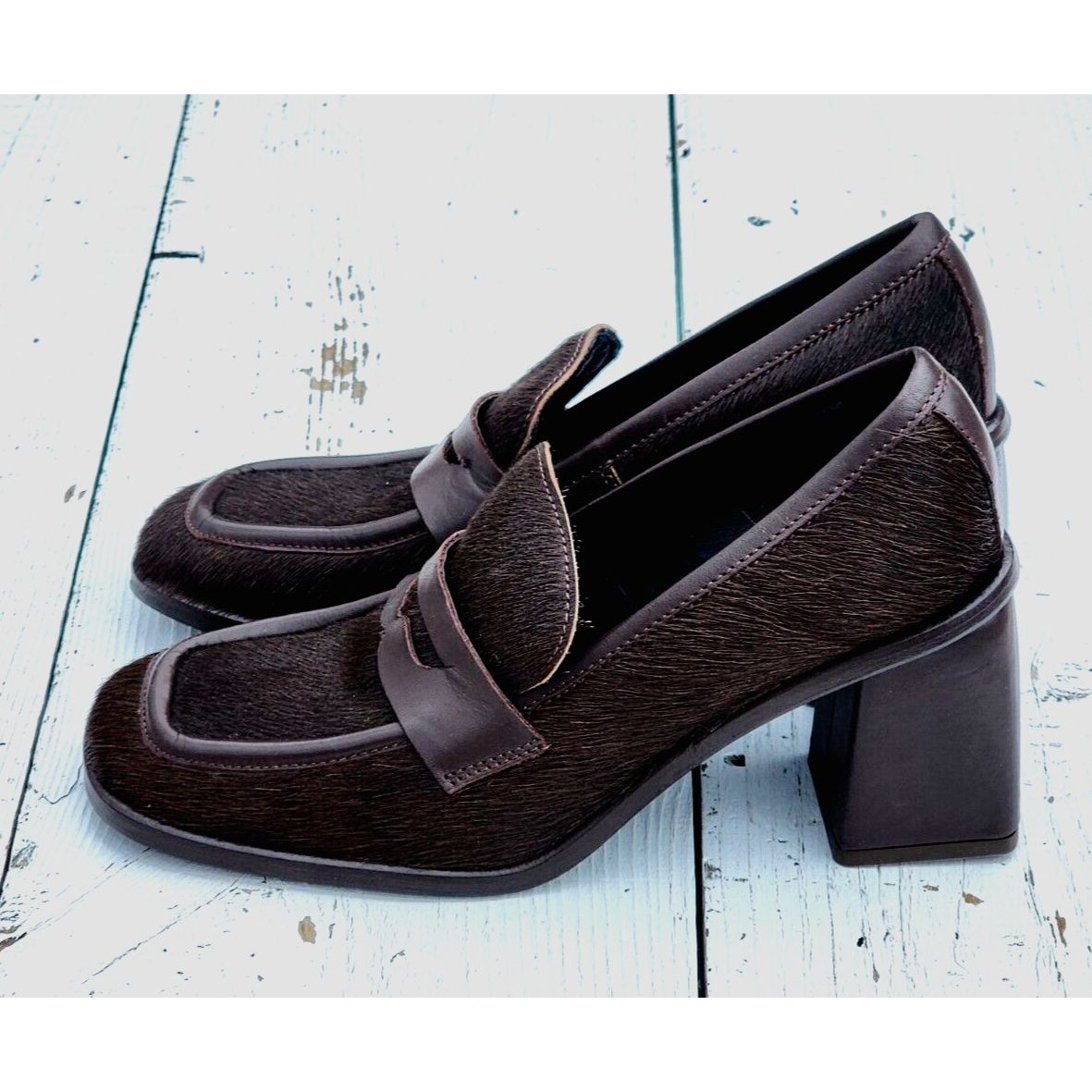 Just Juice Shoes Vero Cuoio Brown Calf Hair Fur Block Heels Us 6.5 Eu 37